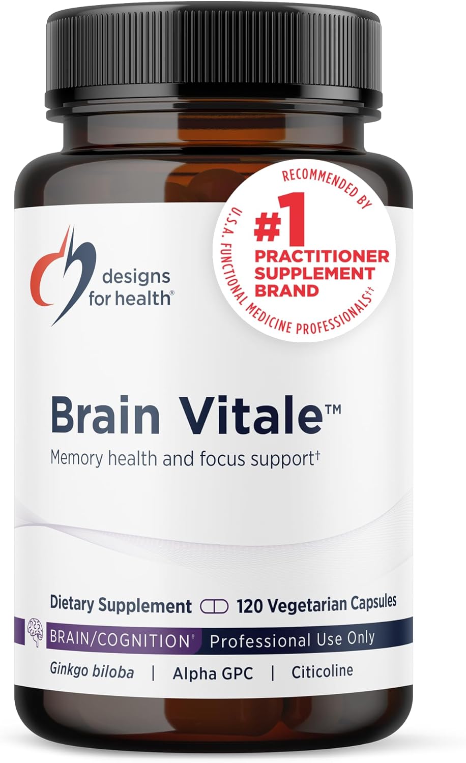 Designs for Health Brain Vitale with Cognizin Citicoline - 'Nootropic' Supplement to Help Support Cognition, Mood + Memory with GPC Choline, Ginkgo + Acetyl L Carnitine HCL (120 Capsules)