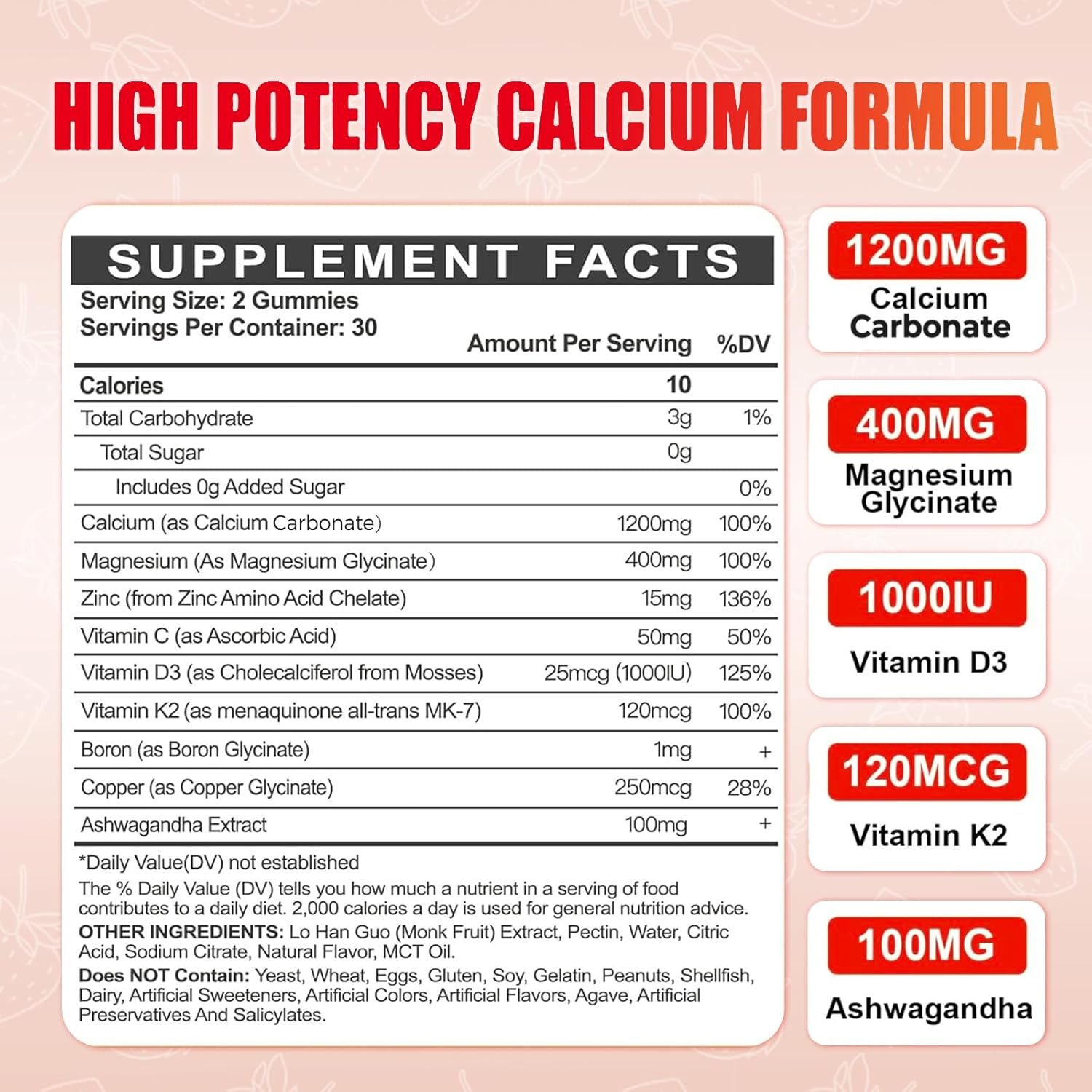 Calcium Magnesium Zinc Gummies with Vitamin D3 for Adults, Calcium Citrate 1200mg with K2, Boron, Copper and Ashwagandha, Absorption Calcium Supplement for Bone, Muscle, Immune for Men Women, 60 Count