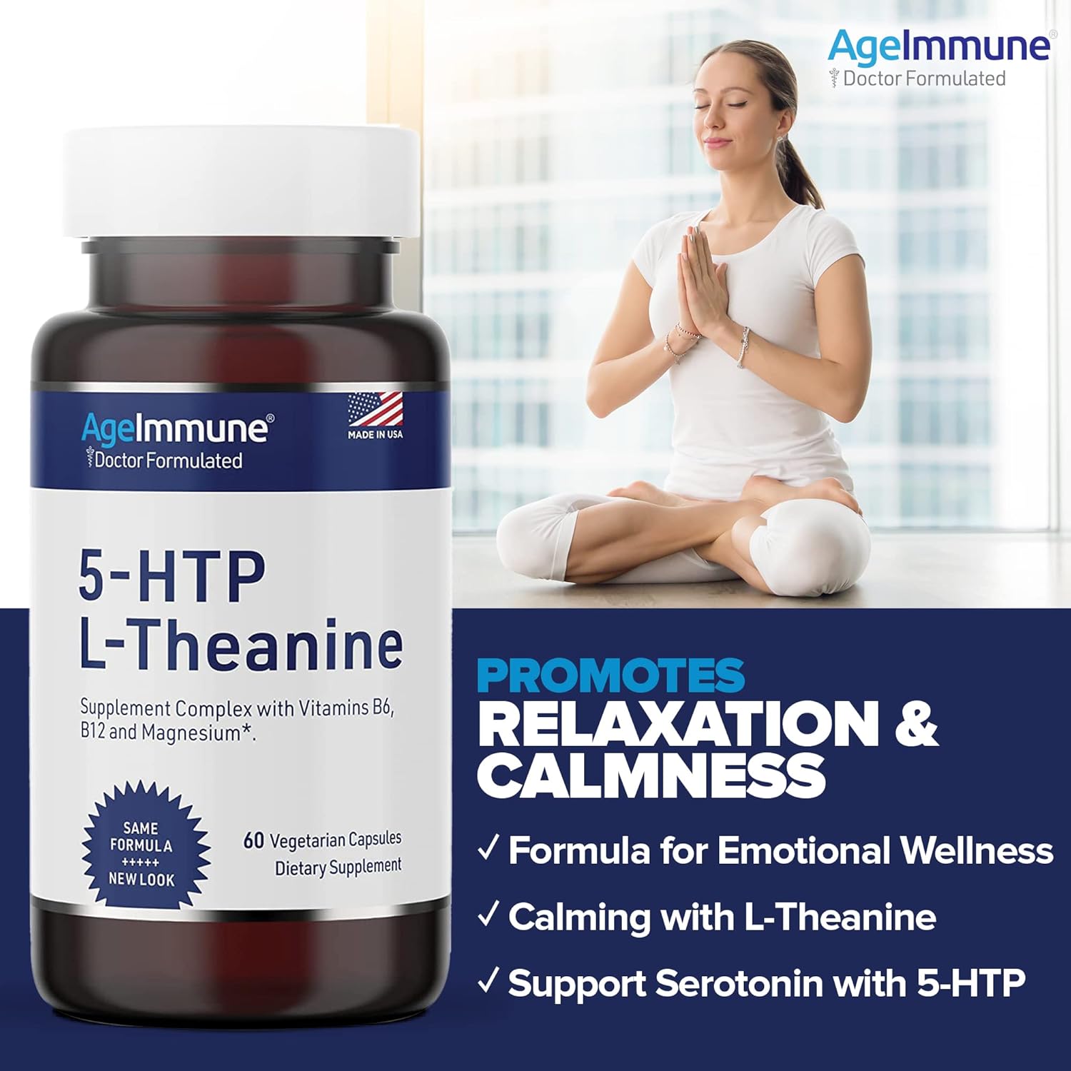 5-HTP Formula for Stress Relief and relaxation support for Teens and Adults with 5-HTP, L-Theanine, Vitamin B6, Vitamin B12, Magnesium - Doctor Formulated - Magnesium Stearate Free - 60 capsules.