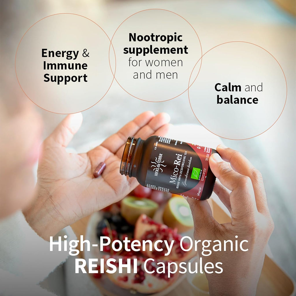 HIFAS DA TERRA Mico-Rei - Organic Reishi Mushroom Extract Powder Capsules, Nootropic Supplements for Women & Men, Red Reishi Adaptogen Pills for Energy & Immune Support for Women & Men - 70 Capsules