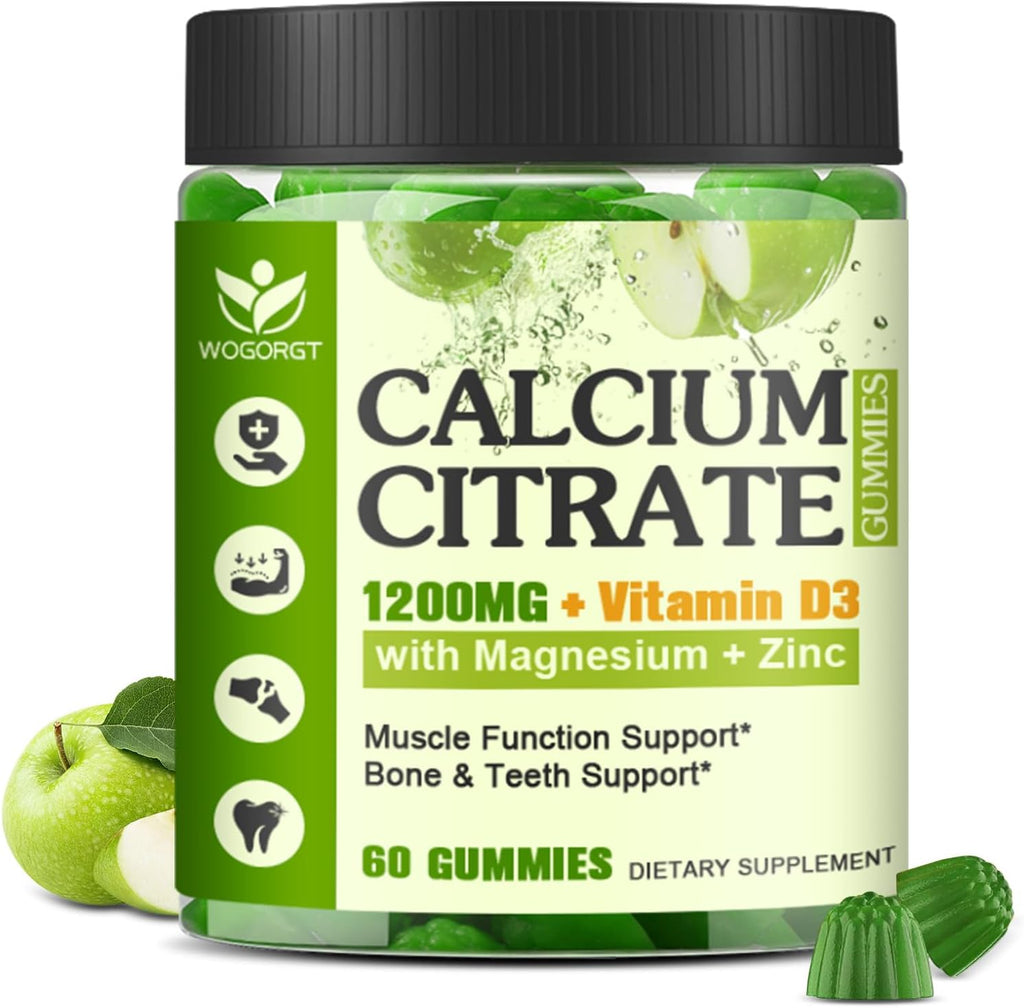 Calcium Citrate 1200mg with Vitamin D3 Supplement for Women and Men - Chewable Calcium Magnesium Zinc D3 K2 Gummies Supplement for Bone, Teeth, Immune Support, Apple Flavor - 60 Gummies