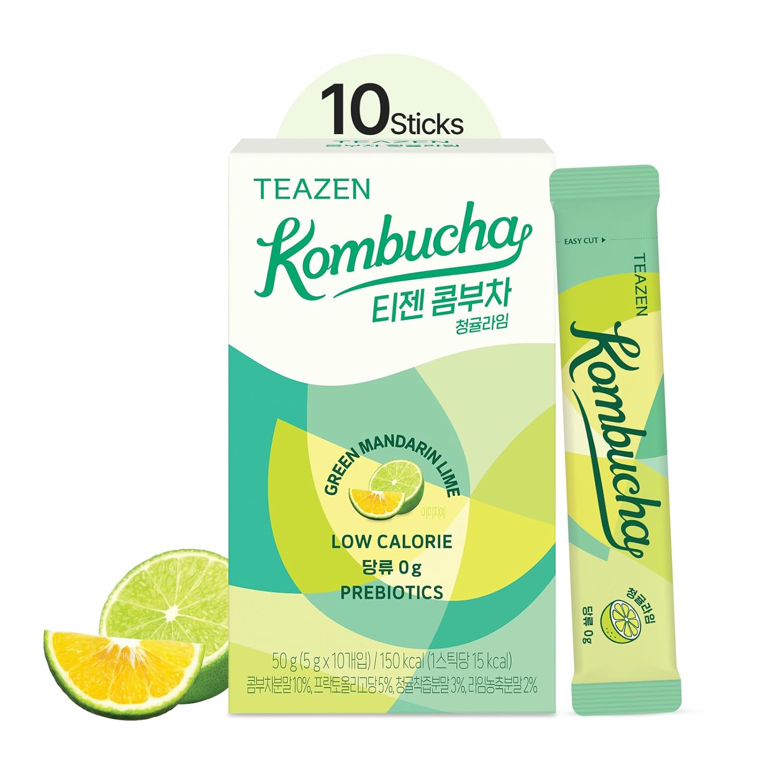 TEAZEN Green Mandarin Lime Kombucha Tea, Hydration Drink Mix, Sugar Free, Live Probiotics & Prebiotics, 10 Sticks, 1.76oz