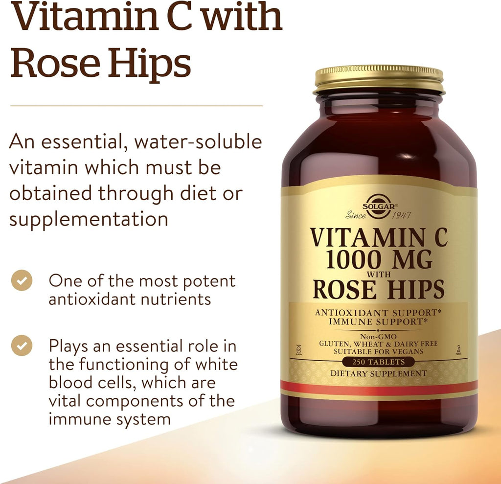 Solgar Vitamin C 1000 mg with Rose Hips, 250 Tablets - Antioxidant & Immune Support - Overall Health - Supports Healthy Skin & Joints - Non GMO, Vegan, Gluten Free, Dairy Free, Kosher - 250 Servings