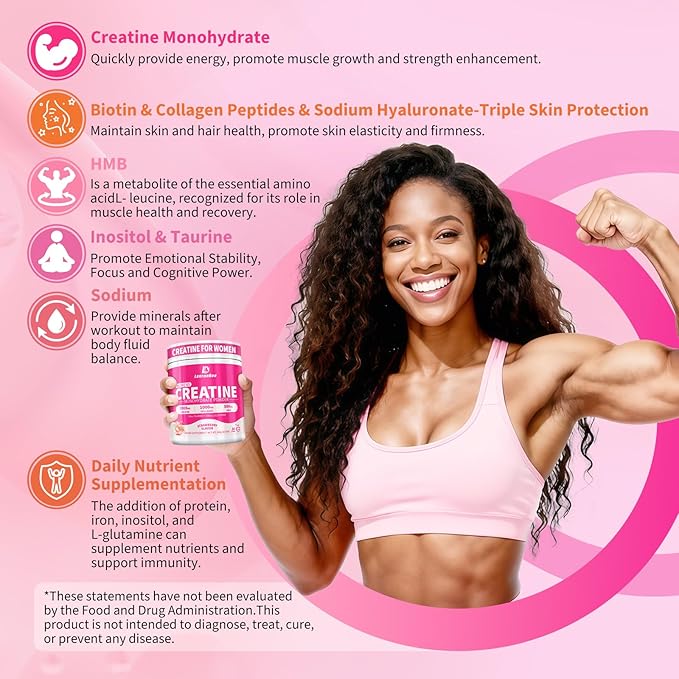 Creatine HMB for Women 5g Micronized Creatine Monohydrate Powder with Collagen Pre Workout Supplement for Muscle Support Energy & Endurance Sugar Free,Strawberry Flavor 30 Servings
