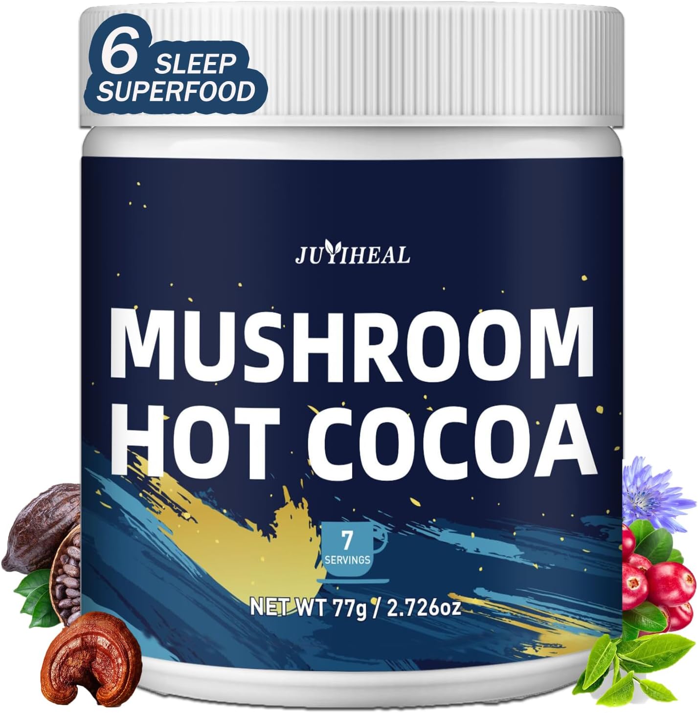 JUYIHEAL Mushroom Hot Cocoa with Melatonin, Reishi, Glycine, Cacao, L-Theanine, Chicory for Calm and Relax Support, Sleep Hot Cocoa Supplement ((7 Servings)