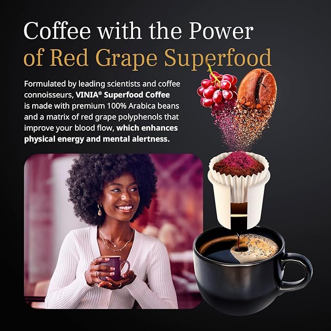 VINIA Medium Dark Roast with Red Grape Piceid Resveratrol, Nitric Oxide for Heart Health, Alertness, Physical Energy & Blood Flow Circulation. 30ct K-Cup Pods