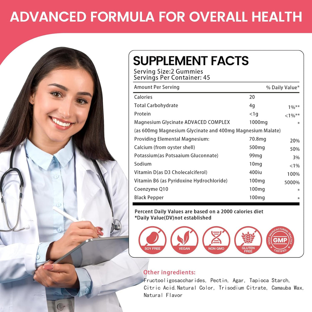 Magnesium Glycinate Gummies 1000mg, High Absorption Sugar Free Magnesium Potassium Supplement for Relaxation, Stress Relief, and Sleep Support for Adults & Kids - 180 Raspberry Gummies