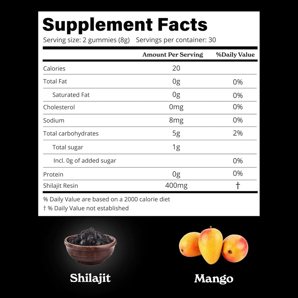 Pure Himalayan Shilajit Gummies with Shilajit |High Potency Gold Grade| 60 Gummies for Energy Boost & Immune Support, 75 Percent + Fulvic Acid| Travel Friendly Mango Flavor