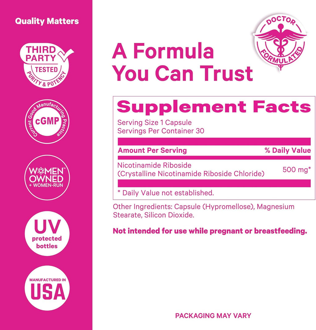 Pink Stork NAD+ Supplement for Women | 500mg Nicotinamide Riboside NR | Clinically-Studied Pure NMN Powder | Brain + Cognitive Support |Energy, Skin Essentials Over 30 | 1 Month Supply
