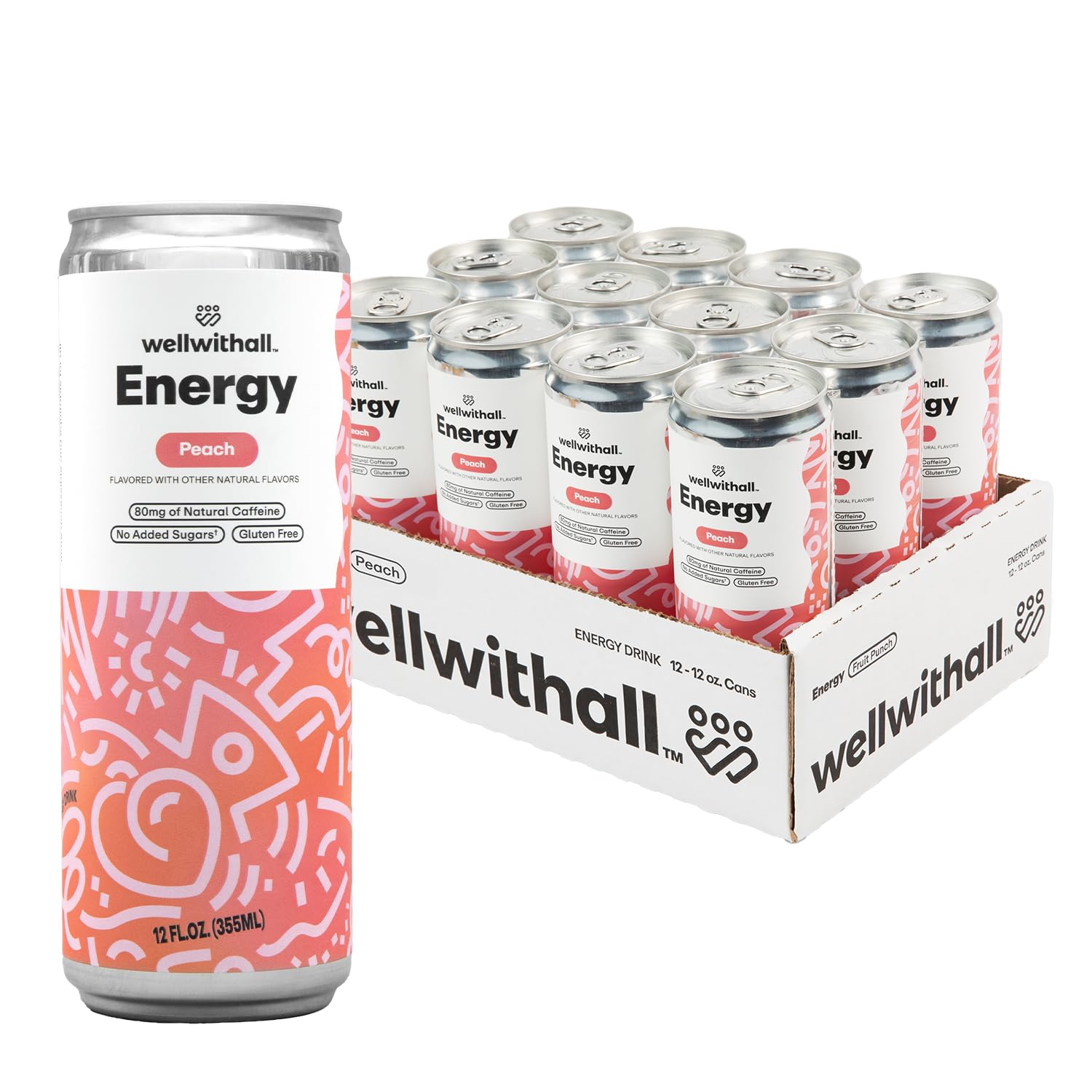 WellWithAll Peach Energy Drink – Caffeine from Tea – With Vitamin C – Lightly Sparkling Beverage – Fruit & Veggie Juice Blend – 12 Oz (Pack of 12)