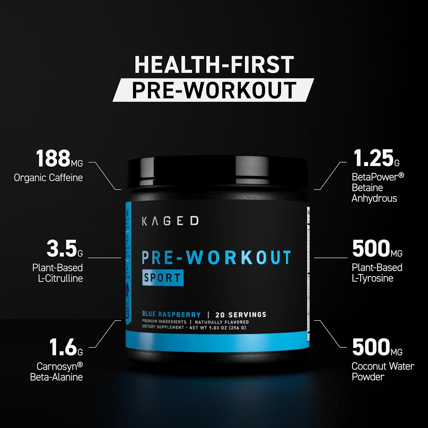 Kaged Sport Pre Workout Powder for Men & Women, Watermelon, Sport Certified, 188mg Caffeine, Nitric Oxide Supplement, Beta Alanine for Energy, Weightlifting, Cardio Endurance & Strength, 20 Servings