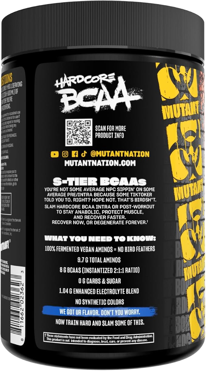 Mutant Hardcore BCAA - Pre, Intra or Post Workout – BCAA Next Level branched-Chain Amino Acids Supplement – Hydration + Recovery - 30 Serving - Blue Raspberry