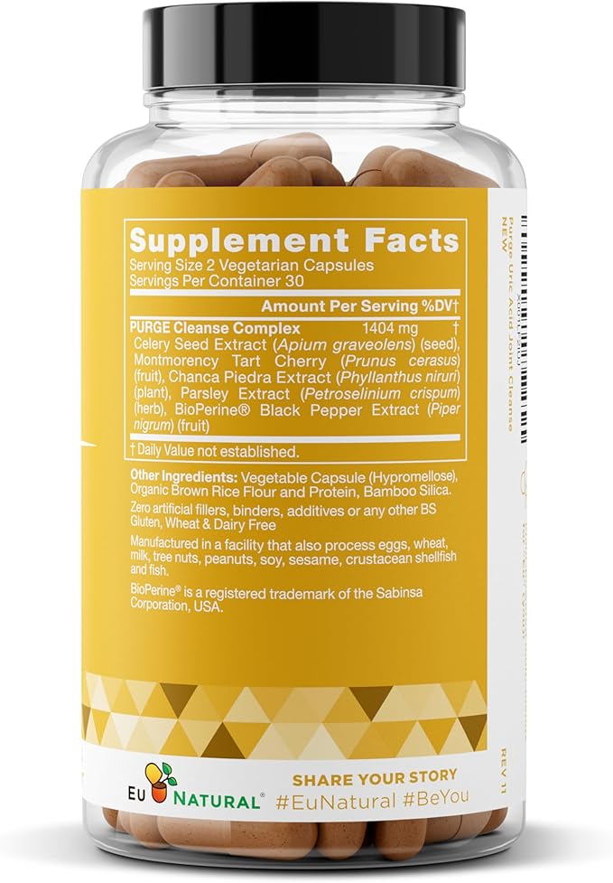 Eu Natural Purge Uric Acid Flush - Eat & Drink What You Want - Uric Acid Support for Joints & Mobility with Celery Seed, Tart Cherry & Chanca Piedra - 120 Vegetarian Capsules