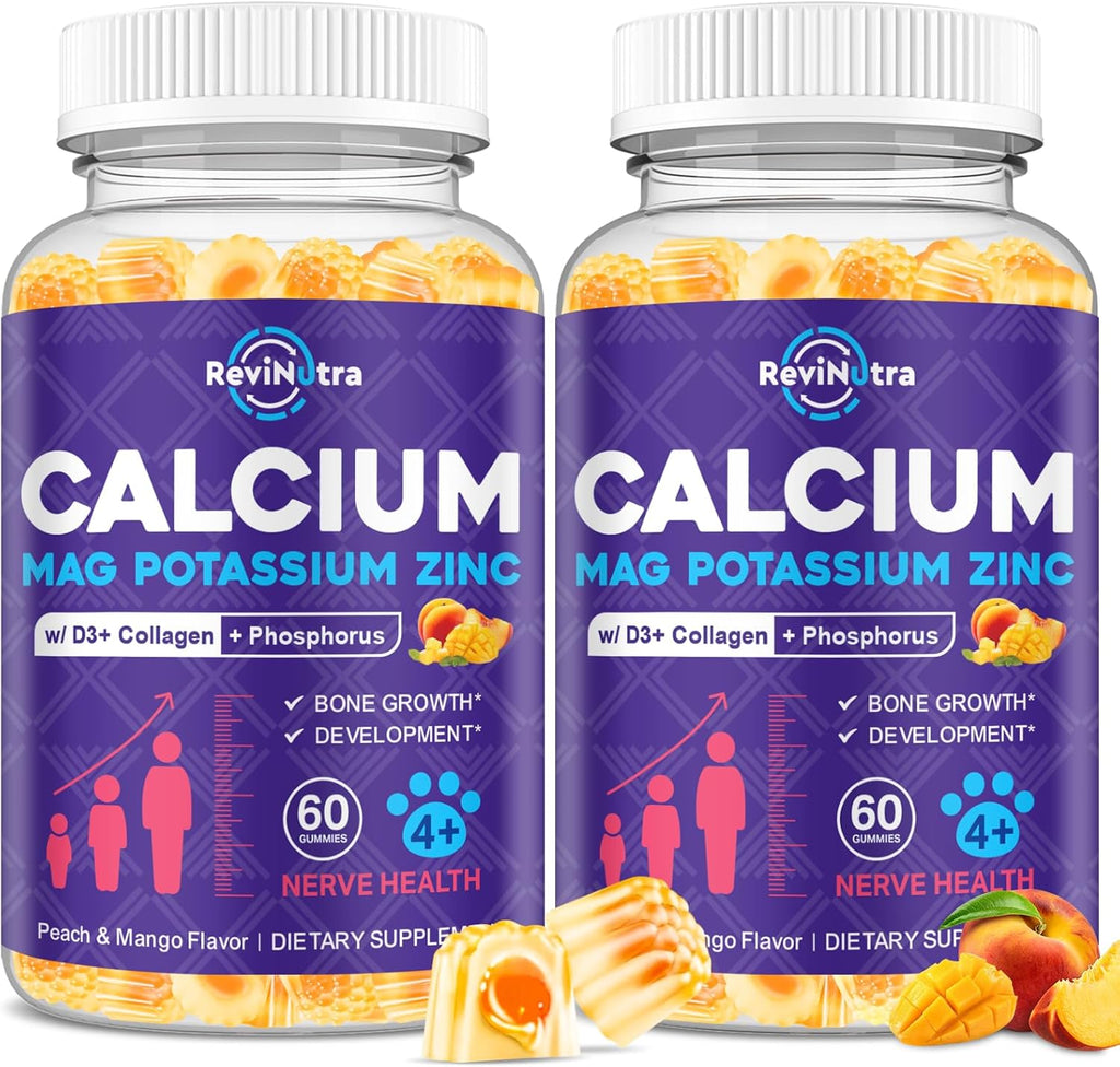 Calcium Potassium Magnesium Gummies for Kids & Adults, Magnesium Potassium Calcium Supplement for Kids, Sleep, Bone Strength, Density Support, Sugar Free, Peach & Mango Flavour,120ct