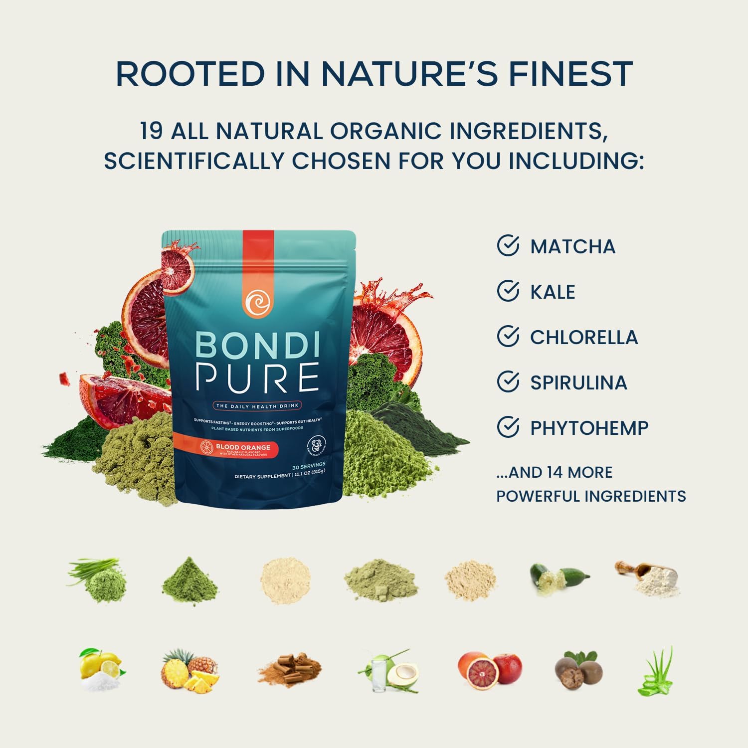 Bondi Pure - Daily Health & Detox Drink - Promote Gut Health & Energy Support During a Cleanse or Intermittent Fasting - Plant-Based Fibers, Alkalizing Super Greens - Blood Orange (3-Pack)