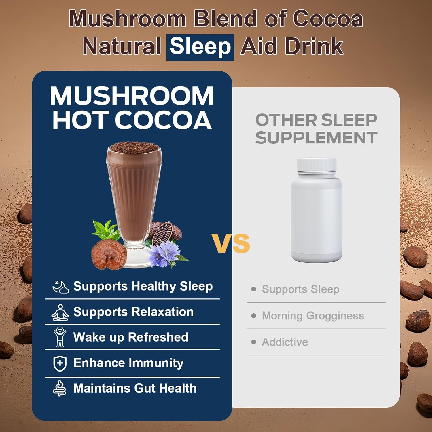 Mushroom Hot Cocoa, Adaptogenic Mushroom with Reishi, L-Theanine, Chicory, Melatonin & Glycine, Melatonin, Sleep Hot Cocoa Supplement for Sleep and Stress Support, 25 Servings 1 Pack