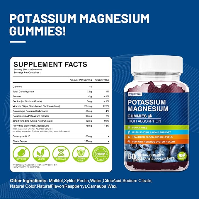 Magnesium Potassium Supplement Gummies - High Absorption Calm Magnesium Glycinate & Potassium Citrate Plus Coenzyme Q10, DHA, D3, Mineral & Calcium for Zzz, Leg Cramps & Muscle - 60 Blueberry Gummies
