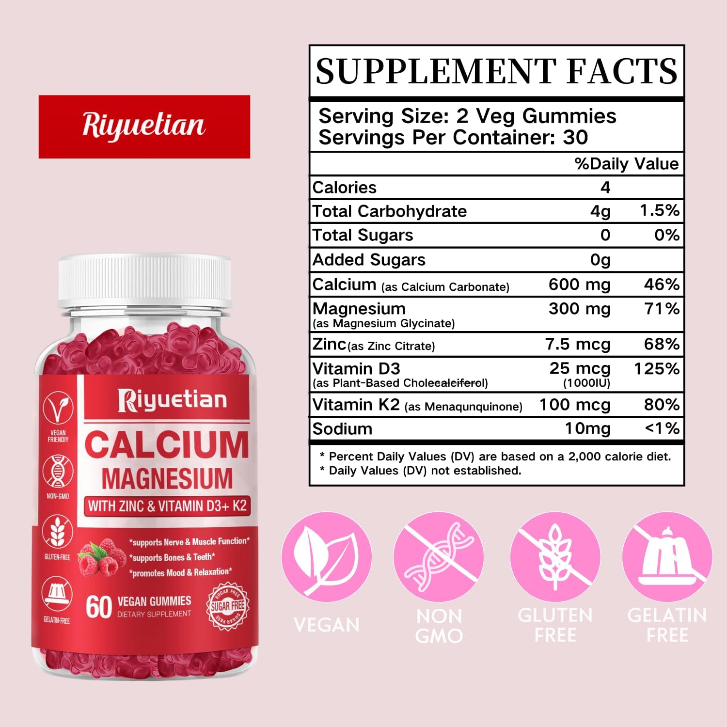 Calcium Gummies + Magnesium & Zinc with Vitamin D3 & K2, High Absorption Calcium Supplement for Bone, Teeth & Immune Support, Non GMO, Vegan, 120 Count