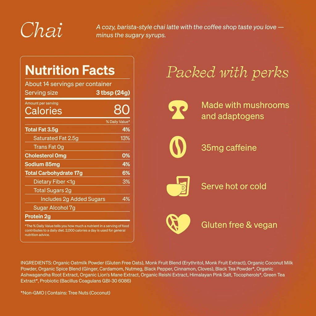 Clevr Blends Chai Tea Latte, Instant Superfood Powder Blend with Oat Milk, Lion’s Mane, Reishi Mushroom, Black Tea, Organic Spices, Coconut Cream, Ashwagandha, Oprah’s Favorite Things 2022 (14 Lattes)