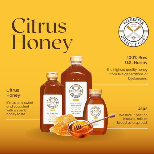 Beekeeper Direct Raw Unfiltered Honey - Real Raw Citrus Honey - All Natural Non-GMO Pure Gourmet Honey - Local California Orange, Grapefruit, and Lemon Honey (1lbs Squeeze Bottle)
