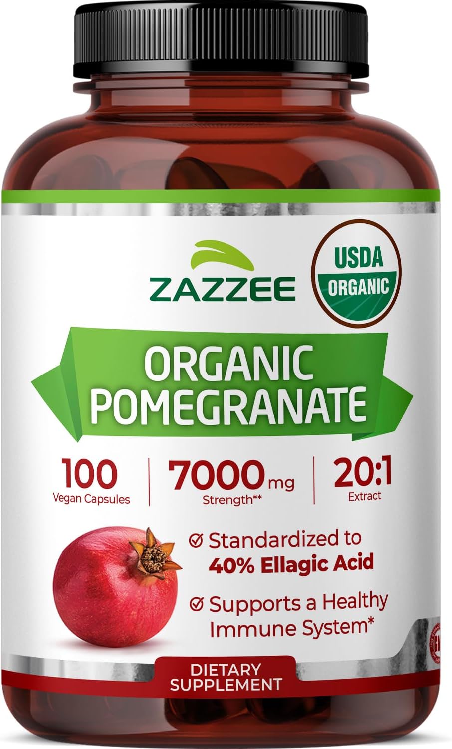 Zazzee USDA Organic Pomegranate 20:1 Extract, 7000 mg Strength, 40% Ellagic Acid, 100 Vegan Capsules, 3+ Month Supply, Standardized 20X Extract, Immune Support, All-Natural, Non-GMO, Made in The USA
