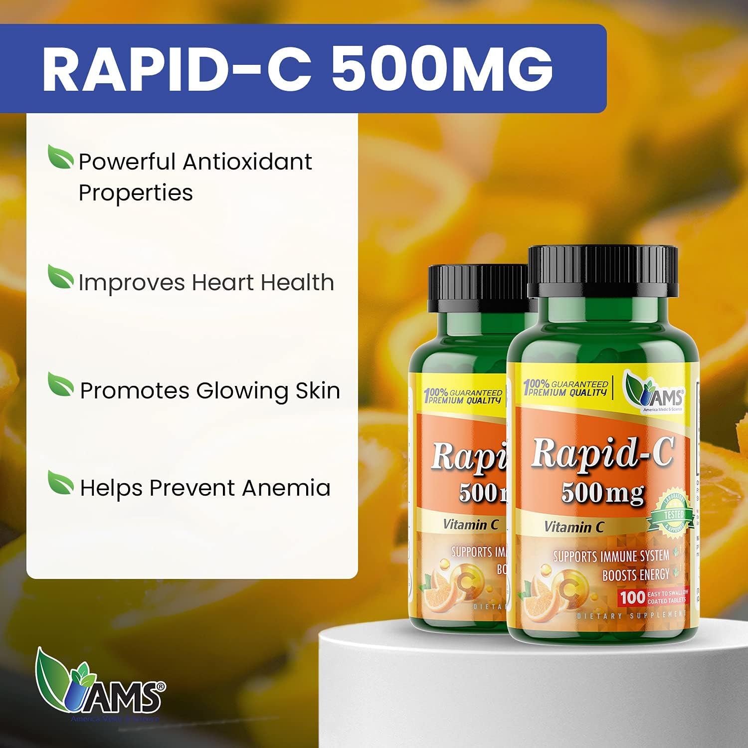 America Medic & Science Rapid-C 500mg Vitamin C Supplement (2 Pack of 100 Tablets) Energy Booster, Daily Immune System Support, Antioxidant | Vegan, Non-GMO Coated Ascorbic Acid for Adult Men & Women