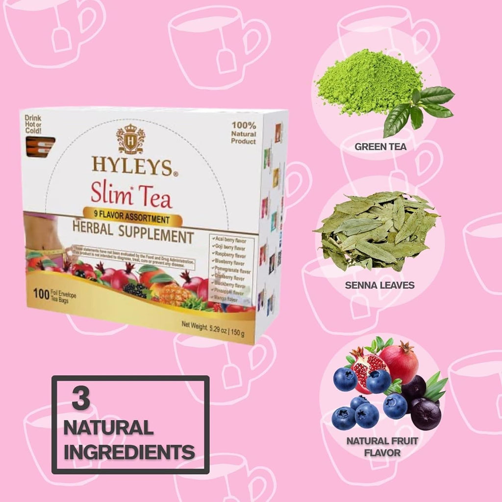 Hyleys Slim Tea 9 Flavor Assortment 100 Ct - Weight Loss Herbal Supplement Cleanse and Detox - 100 Tea Bags (9 Pack)
