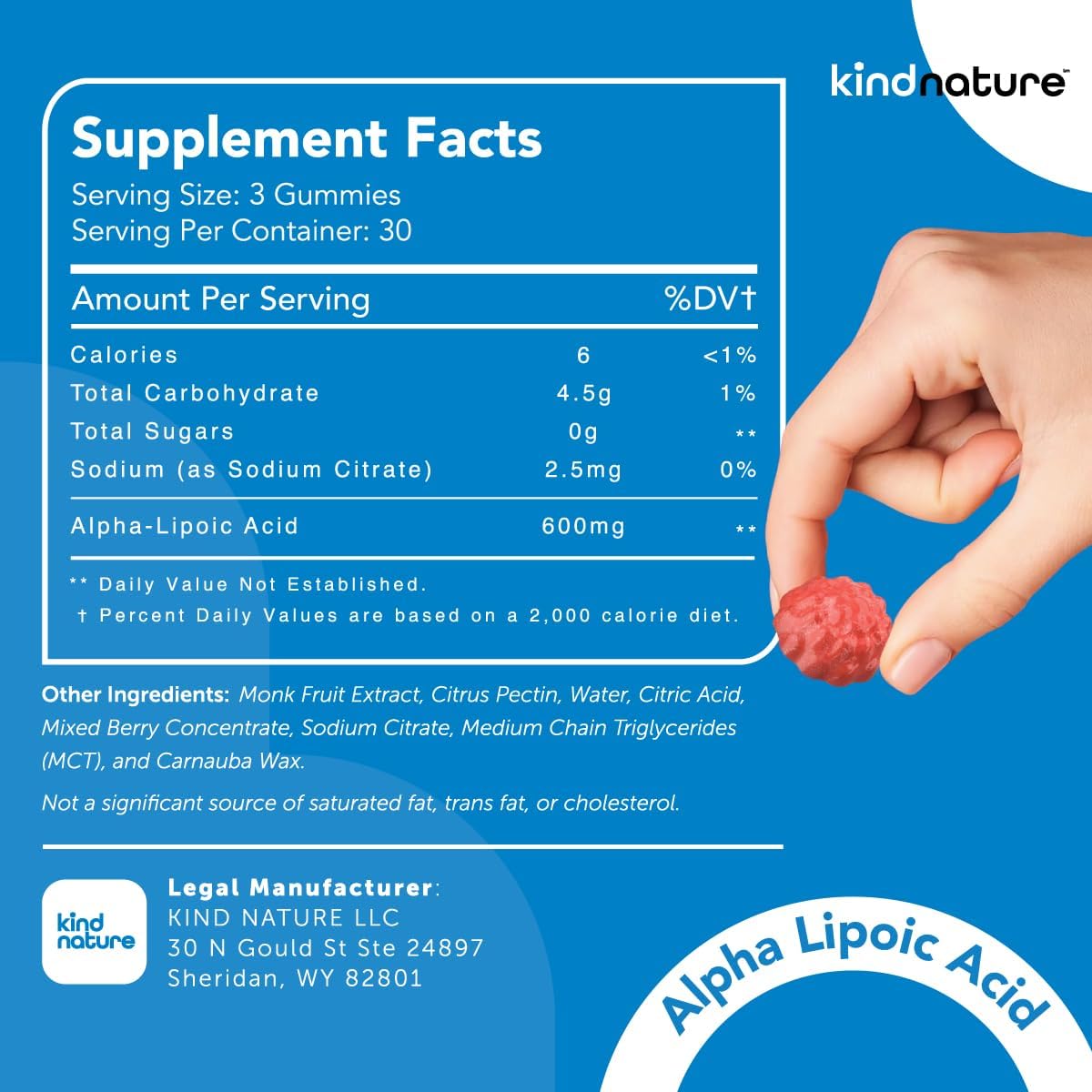 kindnature Alpha Lipoic Acid Gummies - Vegan, Sugar-Free, Low Calorie 600 mg ALA Supplement - Pure ALA Alpha Lipoic Acid 600mg for Antioxidant Support