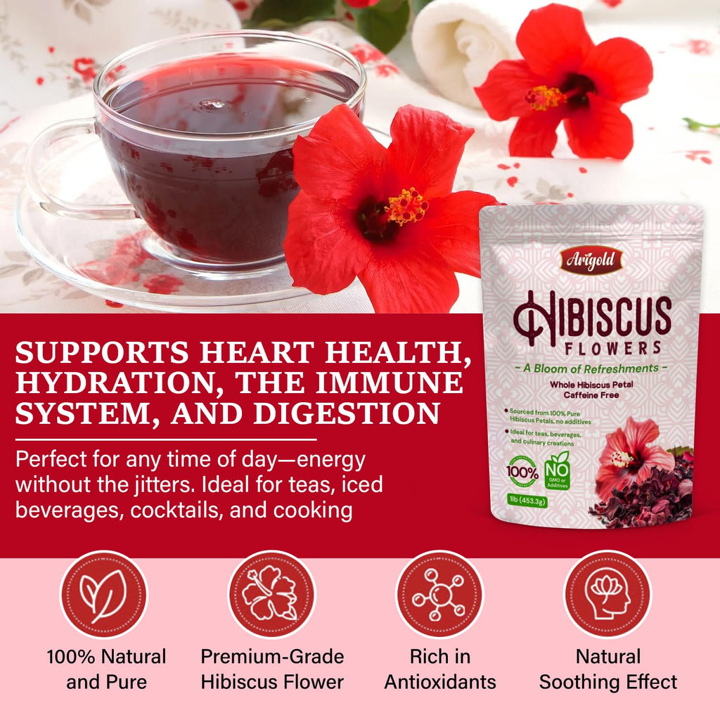 Arigold Pure Whole Petals Hibiscus Tea 1lb – Organic Dried Hibiscus Flowers,Flor de Jamaica, Hibiscus Sabdariffa, Bissap, Sorrel, hibiscus tea loose leaf Herbal Tea for Agua Fresca, Cocktails, Iced Tea & Hot Tea | Caffeine-Free & Rich in Antioxidants.
