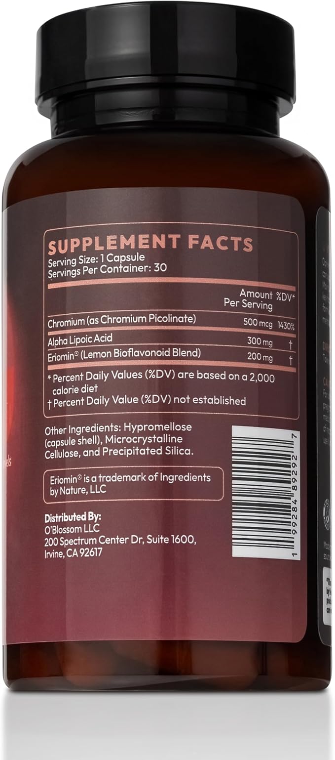 O'blossom Gluco Blood Sugar Complex with Eriomin and Chromium Picolinate - Metabolism Ignite Formula for Blood Sugar Support Supplement - Clinically Proven Ingredients for Glucose Metabolism