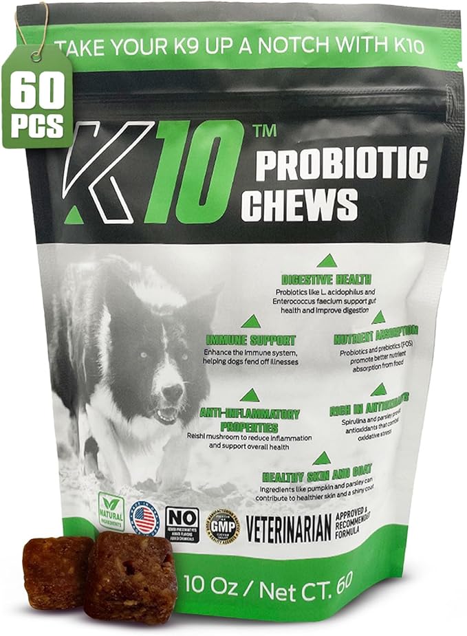 K10 Probiotic Chews for Dogs (60ct) – Advanced Digestive Support with Probiotics, Prebiotics & Superfoods – Vet-Preferred Dog Supplement for Digestion, Immunity, Skin, Coat & Everyday Vitality