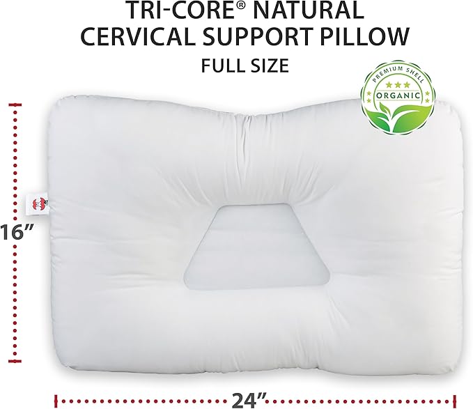 Core Products Tri-Core Natural Cervical Support Pillow for Neck Pain Organic Cotton Shell, Full Size, Gentle/Medium Firmness