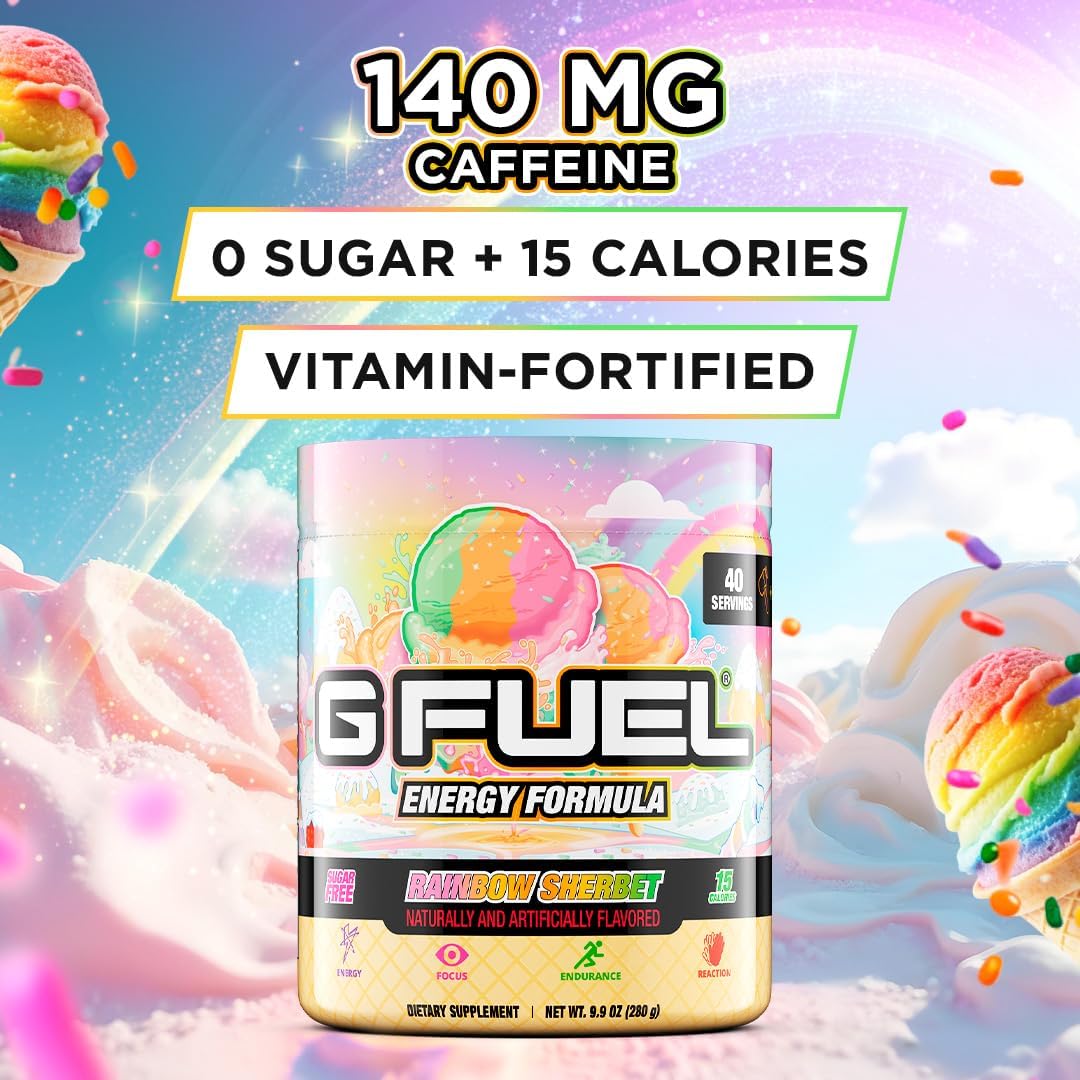 G Fuel Rainbow Sherbet Energy Drink Powder, Pre Workout Caffeine Mix for Gaming, Sugar Free Focus Amino, Vitamin + Antioxidants, 9.9oz (Rainbow Sherbet, 40 Servings)
