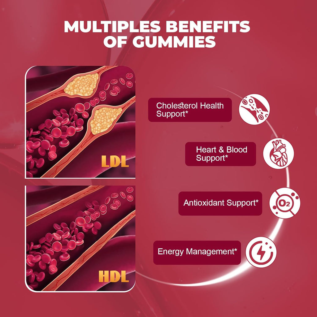 Cholesterol Supplements with Plant Sterols, Red Yeast Rice & COQ10 etc, 17-in-1 Cholesterol Complex Gummies for Heart & Cholesterol Health, Energy Support, Non-GMO, Strawbreey Flavor, 60 Gummies.