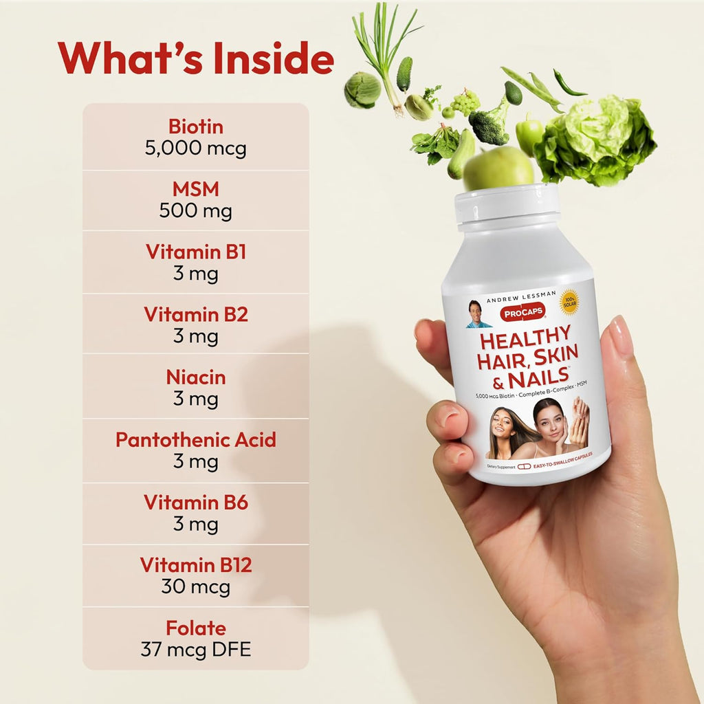 ANDREW LESSMAN Healthy Hair, Skin and Nails 60 Capsules - 5000 mcg High Bioactivity Biotin, B-Complex. Promotes Beautiful Skin, Strong Nails. No Additives Hair Growth Vitamins Biotin Supplement