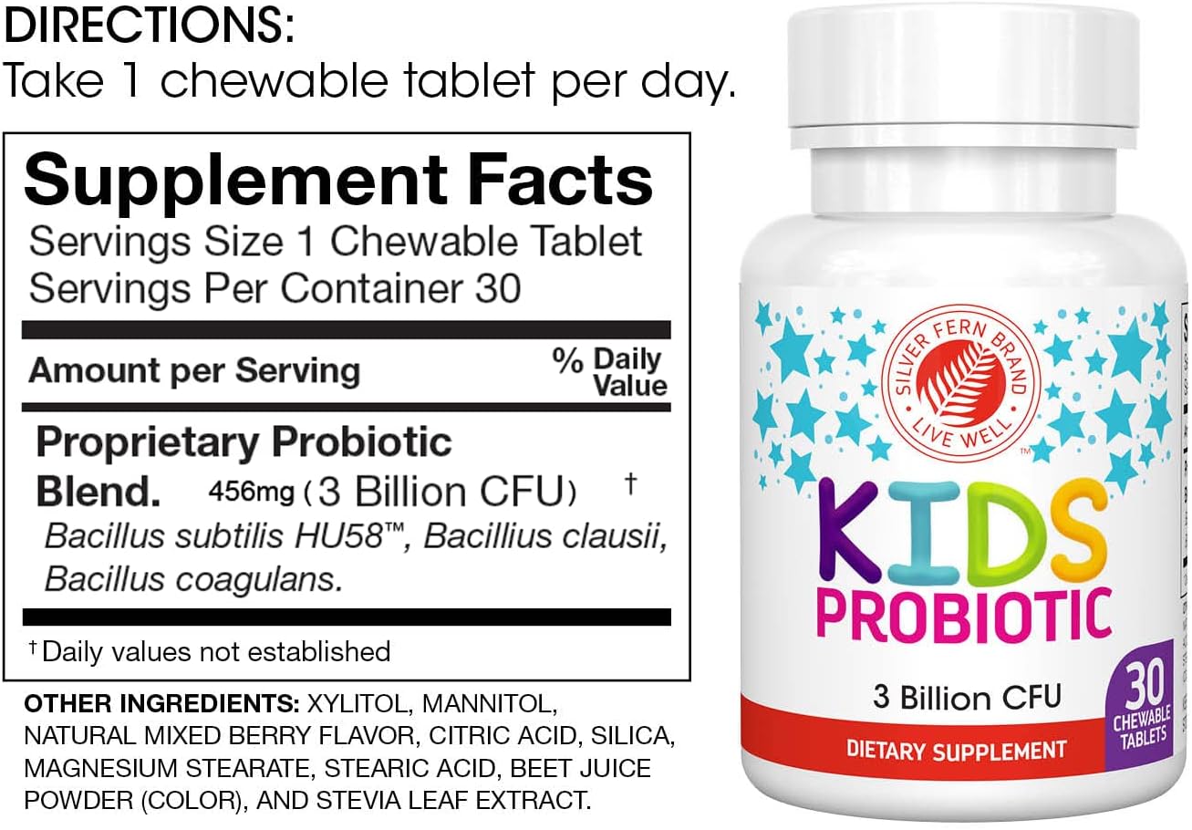 Silver Fern Brand Kids Ultimate Probiotic - 4 Bottles - 30 Chewable Tablets Each - Sugar & Gluten Free - Children's Dietary Supplement - DNA & Survivability Verified - Digestive & Immune Support