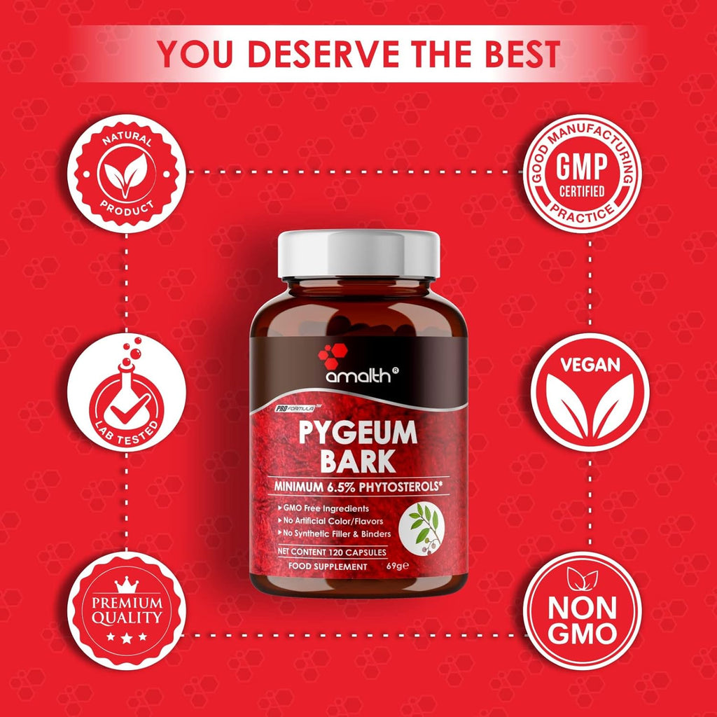 Amalth Pygeum Bark Extract Powder Higher Potency (6.5% phytosterols) Supports Urinary Tract & Prostate Health Men Herbal Supplements 120 Capsules (Non –GMO)