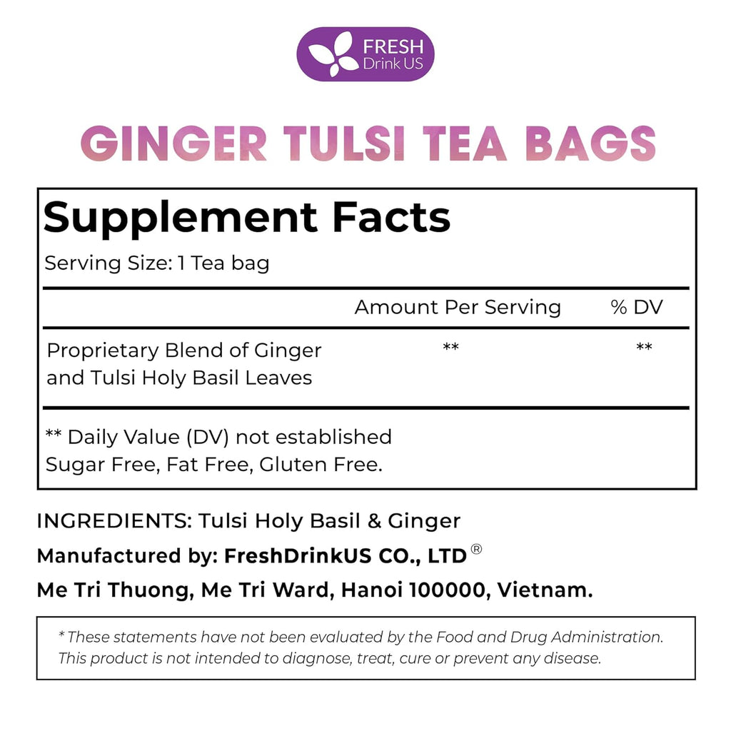 FreshDrinkUS Premium 75 Ginger Tulsi Tea Bags, 100% Natural, Hand-made Blend of Ginger and Tulsi Holy Basil Leaves, Eco-conscious Tea Bags. No Sugar, No Caffeine, Vegan