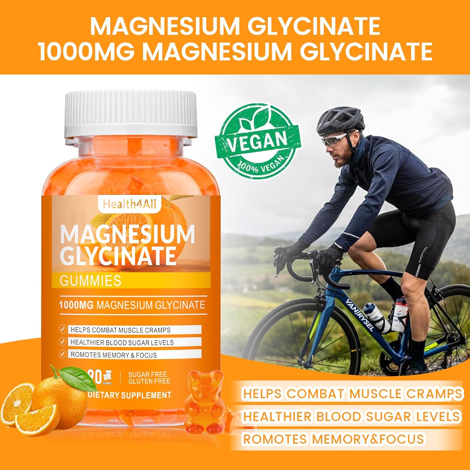 Magnesium Glycinate Gummies 1000mg, High Absorption Sugar Free Magnesium Potassium Supplement for Relaxation, Stress Relief, and Sleep Support for Adults & Kids - 180 Orange Gummies