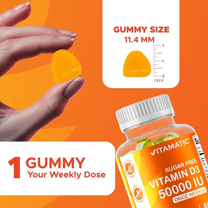 Vitamatic Sugar Free Vitamin D3 50,000 IU Weekly Supplement – 60 Pectin-Based Gummies High-Potency Vitamin D for Bone, Teeth & Immune Support