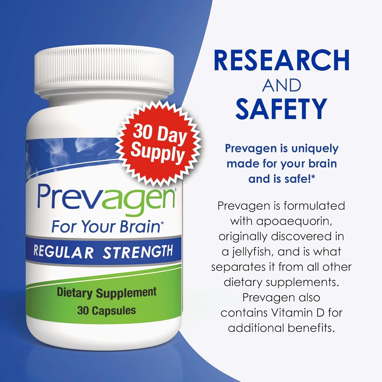 Prevagen Regular Strength - 30 Capsules (1 Month Supply) | Formulated for Your Brain | 10mg of Apoaequorin Plus Vitamin D3