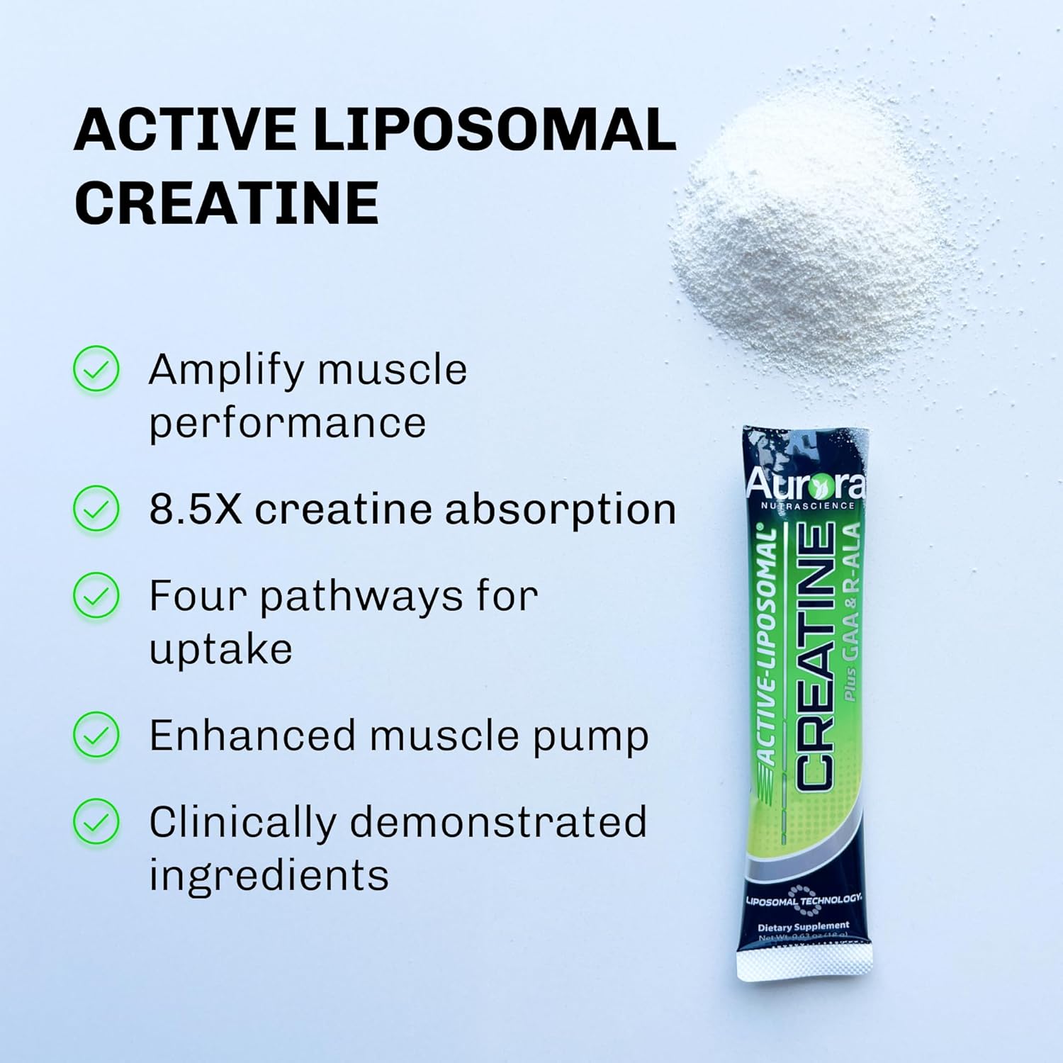 Aurora Nutrascience Liposomal Creatine + GAA & R-ALA Lemon Lime Powder Drink Mix, Increased Energy, Supports Exercise Performance & Muscle Growth for Wowen and Men, 10 Packets