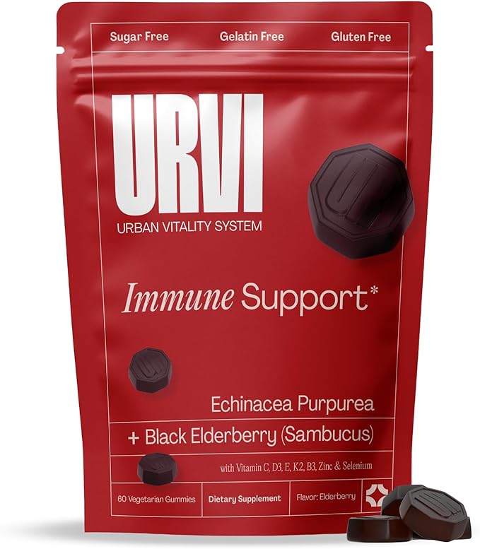 URVI® Immune Support Gummies - Vitamin C, D3 K2, E, Niacin, Zinc & Selenium with Elderberry & Echinacea - Multivitamin, Antioxidants, Immunity Supplement - Vegetarian & Sugar Free - 60 Count