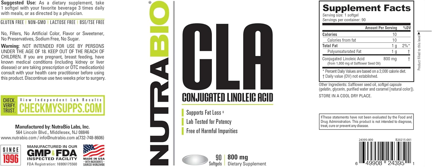 NutraBio CLA Conjugated Linoleic Acid Supplement, 800mg - 90 Softgels