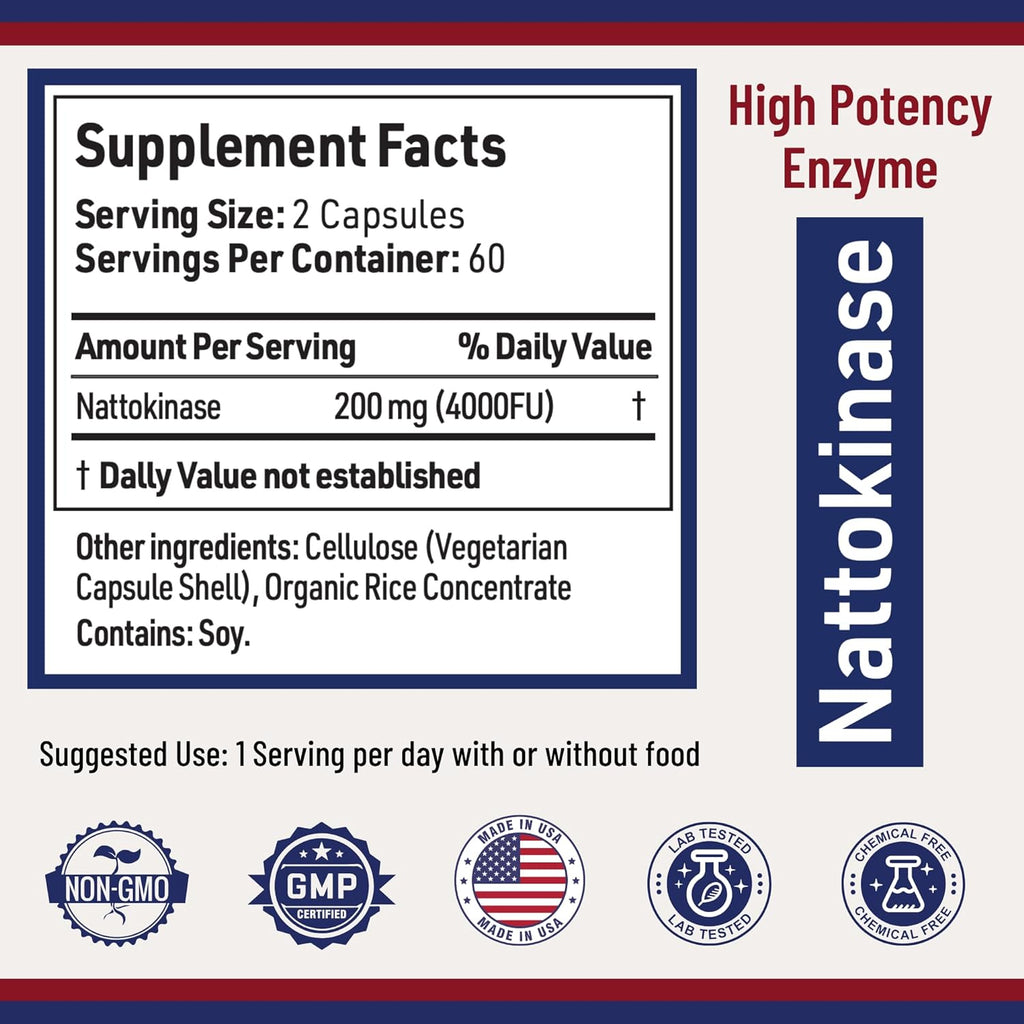 Nattokinase Supplement 4000 FU 200mg - Enzyme - Cardiovascular Support 120 Capsules -Derived from Japanese Natto - Made in The USA Without Magnesium Stearate.