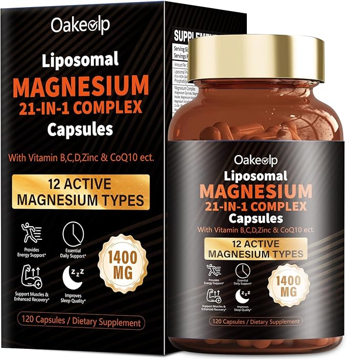 21 in 1 Liposomal 12 Active Types Magnesium Complex 1400mg (Glycinate,Citrate,Malate etc) Capsule -with Vitamin D3, B6, B12, Ashwagandha & CoQ10 for Adult-Support Relaxation,Muscle & Heart