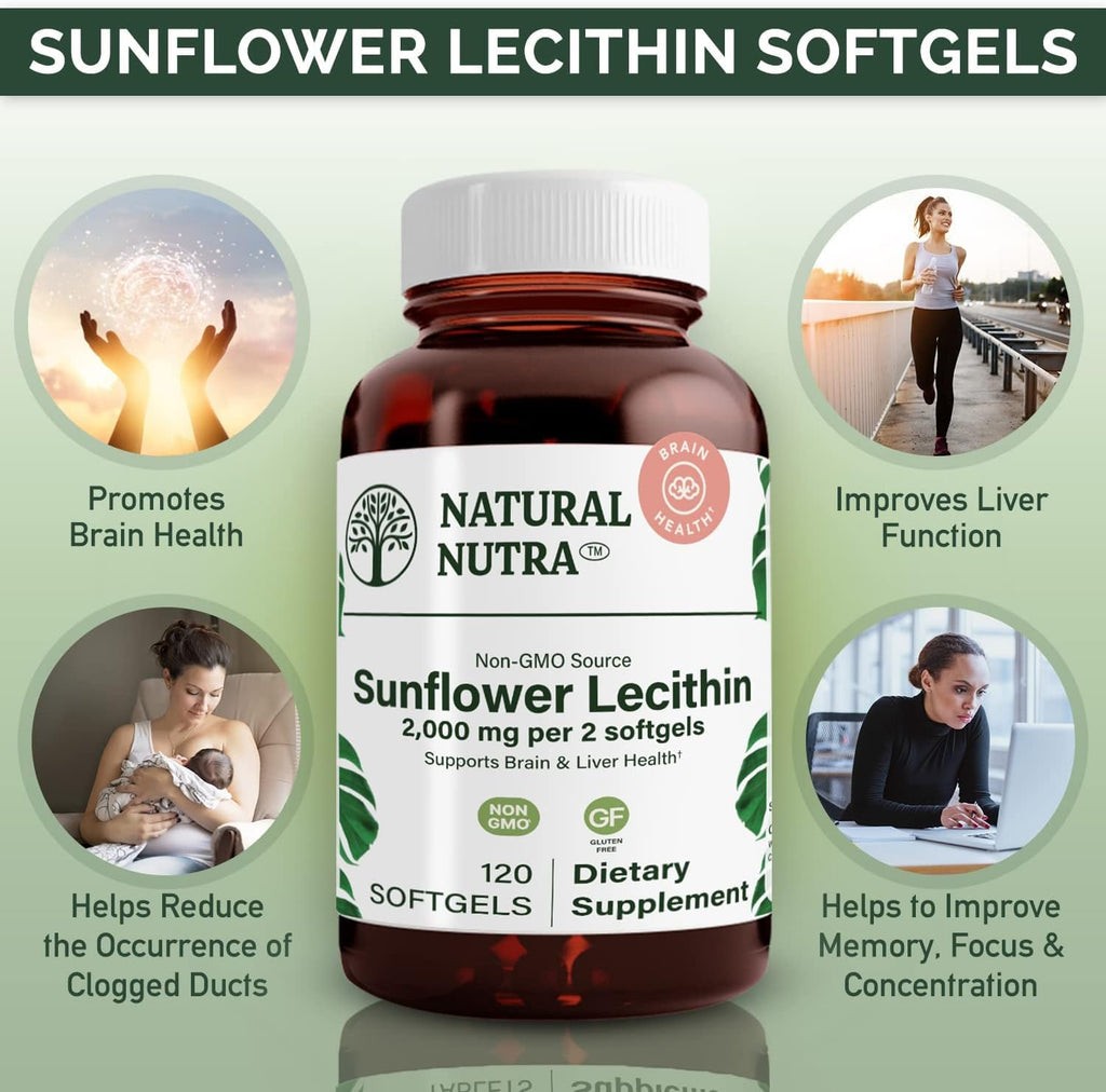 Natural Nutra Sunflower Lecithin 2000 mg Supplement, Supports Breastfeeding Moms with Plugged Milk Duct Relief, Liver & Brain Health Booster, Soy Free, Non-GMO, Gluten-Free, 120 Softgels (3 Pack)