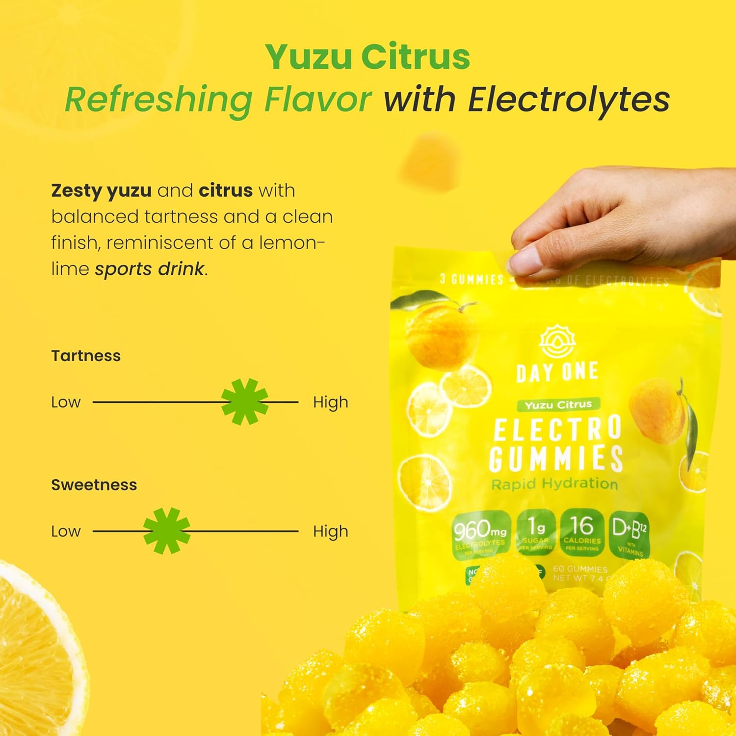 Day One Electrogummies - 60pcs. of Yuzu Citrus Flavored Electrolyte Gummies for Hydration and Recovery - Packed with Essential Electrolytes Ideal for Workouts, Running, Hiking and More