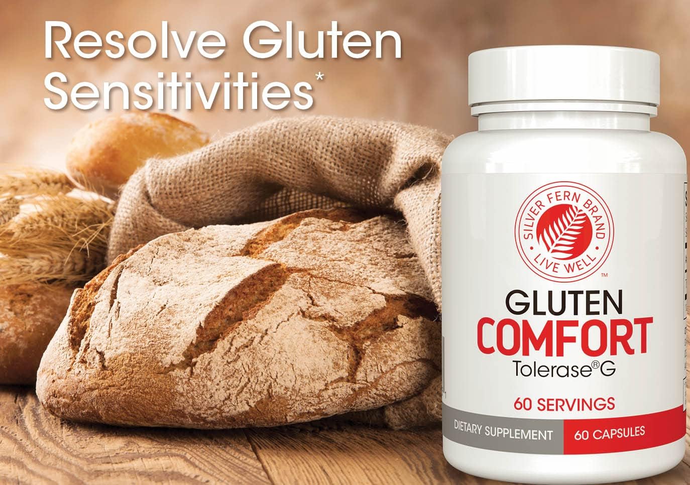 Silver Fern Gluten Comfort with Tolerase G - 2 Bottles - 60 Capsules Each - Digestive Enzyme Made Specifically to Break Down and Digest Gluten Protein