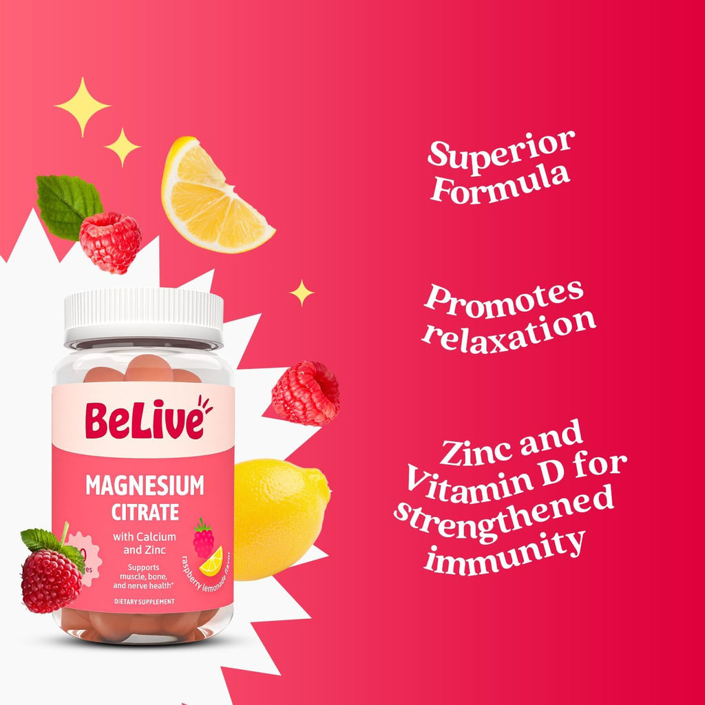 BeLive Magnesium Citrate Gummies with Calcium and Zinc for Adults and Kids - High Absorption Magnesium Supplement for Cognitive, Bone, Muscle and Nerve Health - Raspberry Lemonade - 120 Count